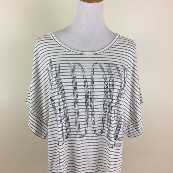 NWT GUESS by MARCIANO Short Sleeve Striped Silver Rhinestone J'ADORE Shirt Top - Picture 7 of 11